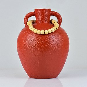 VASO DECORATIVO VERMELHO COM COLAR DE MADEIRA GRANDE