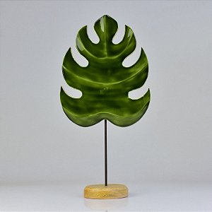 Enfeite Pedestal Folha Verde em Madeira 39x20x9,5 cm