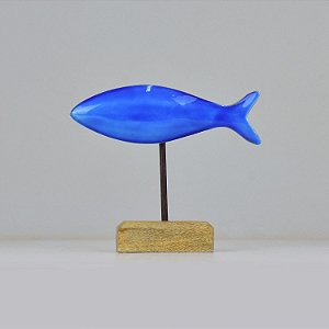 Enfeite Peixe Azul no Pedestal em Madeira 13,5x15x5 cm