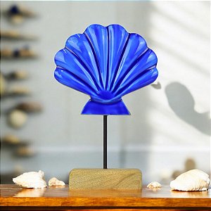 Enfeite Concha Azul no Pedestal em Madeira 23x15x5 cm