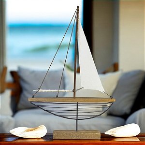 Enfeite Barco 55cm em Metal e Madeira