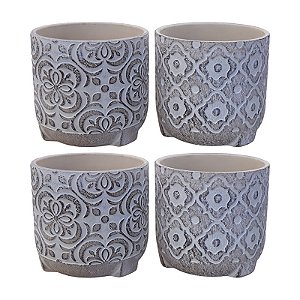 Jogo Com 4 Vasos Rustico Flores em Cerâmica