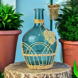 Vaso Fumê Azul Com Folha em Vidro