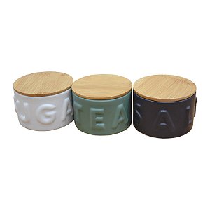 Jogo com Três Potes Sugar Coffe Tea em Cerâmica