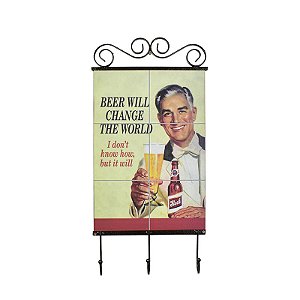 Cabideiro Placa Beer Change em Madeira e Metal