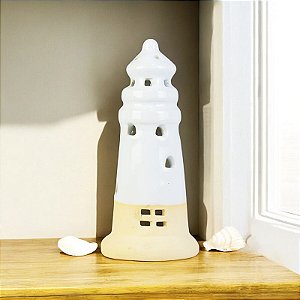 Porta Velas Farol Médio Branco e bege em Cerâmica