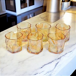 Jogo com 6 Copos de Vidro Ondulado Dourado 250ml