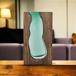 Vaso Retangular de Madeira e Vidro Marrom e Verde