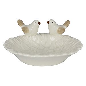Enfeite Folha Branca 2 Passaros em Cerâmica