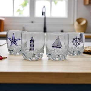 Jogo Copo Wiskey Tema Nautico 4pçs