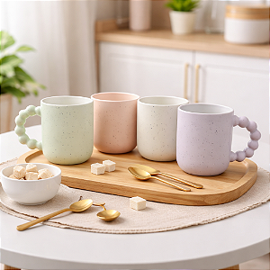 JG c/4 Xícaras Cerâmica Cabo Em Bolinhas