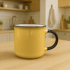 Xícara Cerâmica Com Borda Amarela Cabo Preto