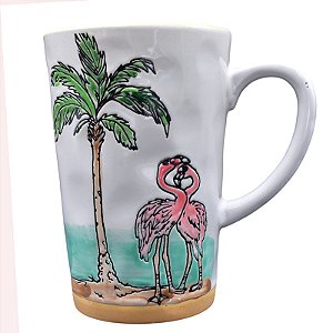 Xícara Cerâmica Branca Com Flamingos