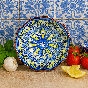 Molheira De Cerâmica Formato Petalas Azul/Amarelo