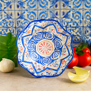 Molheira De Cerâmica Formato Petalas Azul/Laranja