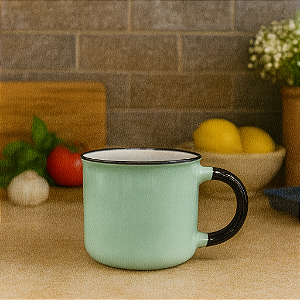 Xícara Cerâmica Verde Com Cabo Preto