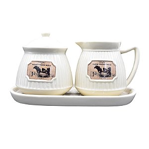 Jogo Prato Açucareiro Leiteira Ceramica Branca