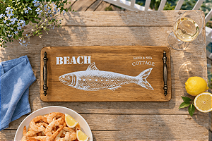 Bandeja de Madeira com Alça Dourada em Acabamento Rústico Sunset