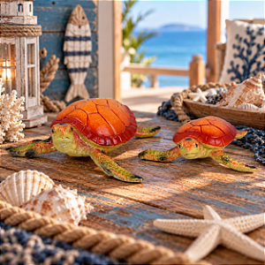 Jogo Decorativo com 2 Tartarugas Marinhas Laranja e Vermelha