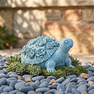 Enfeite Decorativo Tartaruga Azul com Flores em Relevo
