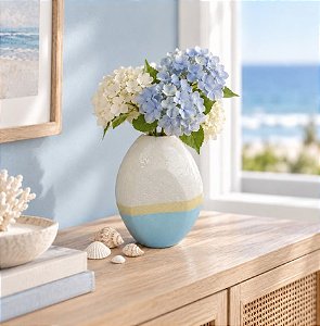 VASO CERAMICA OVAL LISTRAS AZUL E BRANCO