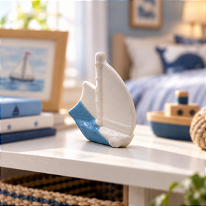 ENFEITE BARCO VELEIRO AZUL E BRANCO