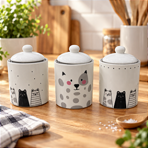 Conjunto com 3 Potes Gatinho com Tampa