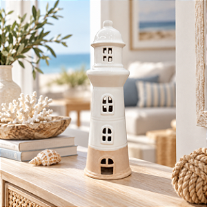Enfeite Decorativo Farol Branco com Detalhes em Relevo