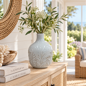 Vaso Decorativo Branco com Relevo Botânico