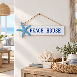 Placa Decorativa Beach House com Estrela-do-Mar
