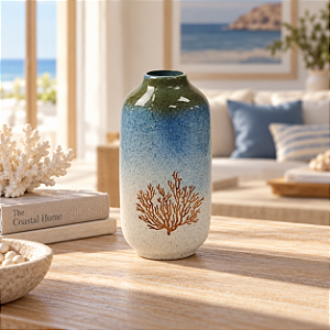 Vaso de Cerâmica Alto Estampado com Coral Marrom