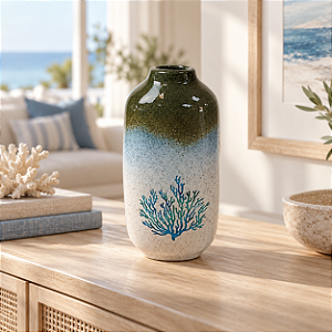 Vaso de Cerâmica Alto Estampado com Coral Azul