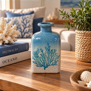 Vaso de Cerâmica Quadrado Estampado com Coral Azul