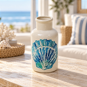 Vaso de Cerâmica Estampado com Concha Pérola Azul