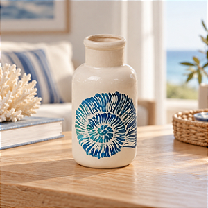 Vaso de Cerâmica Estampado com Concha Azul