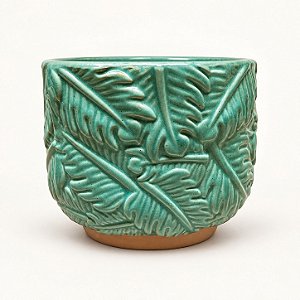 Cachepô Decorativo com Folhagens em Relevo Verde
