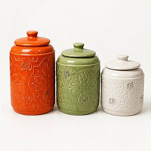 Conjunto com 3 Potes Decorativos com Tampa e Relevo