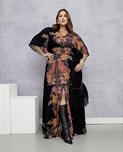 Vestido Longo Floral Preto com Fenda