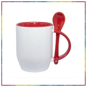 CANECA CERÂMICA BRANCO COM COLHER ALÇA INTERNA VERMELHO LIVE 325 ML (267)