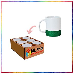 CANECA CERAMICA BRANCO COM GLITTER NA BASE VERDE PARA SUBLIMAÇÃO 325 ML - KIT COM 6 UNIDADES