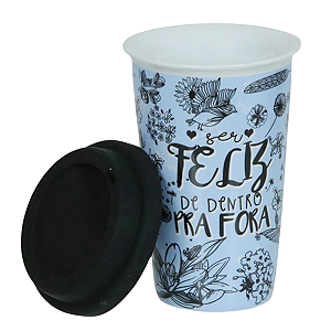 Copo De Cerâmica Azul Be Happy Com Tampa De Silicone Preta 300ml
