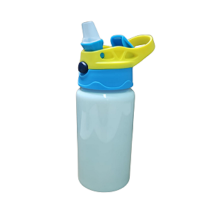 Squeeze De Aluminio Infantil Branco Com Tampa Amarela e Azul 500ml