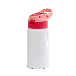 Squeeze De Alumínio Infantil Branco Com Tampa Rosa e Vermelho 500ml