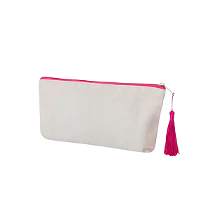 Necessaire Bege c/ Zíper e Alça Rosa Poliester 15X24CM
