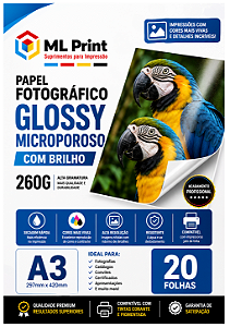 PAPEL FOTOGRÁFICO GLOSSY MICROPOROSO COM BRILHO 260G A3