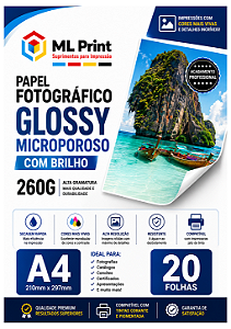 Papel Fotográfico Glossy Microporoso 260g A4 - 20 Folhas