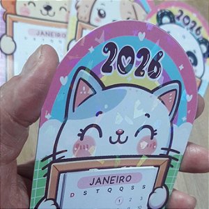 Mini Calendário 2026 bichinhos com brilho holográfico caquinhos