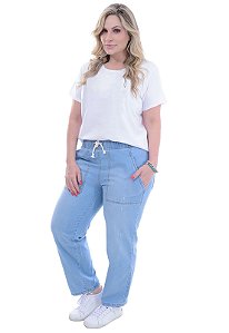 Calça Jeans Elástico com Amarração Delavê