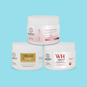 CRONOGRAMA CAPILAR, RECUPERAÇÃO DE CABELOS DANIFICADOS E PARA CACHEADOS (MÁSCARA RELAX 300GR, MÁSCARA WHEY 300GR, MÁSCARA DEEP 300GR)