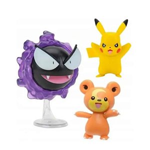 Pokémon - 3 mini figuras - Pikachu, Teddiursa e Gastly